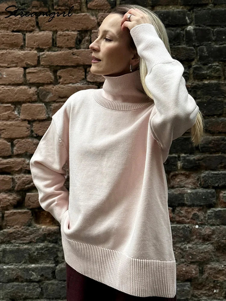 Damen Rollkragenpullover Oversize Strickpullover Lange Ärmel