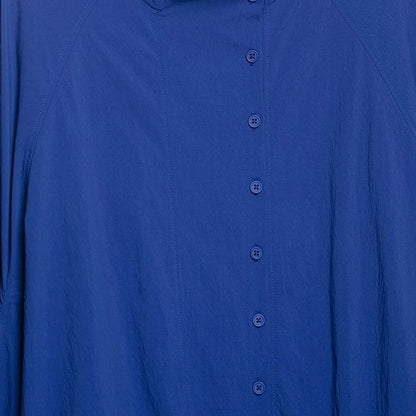 Blaue Damen Bluse mit Stehkragen & Kordelzug am Saum