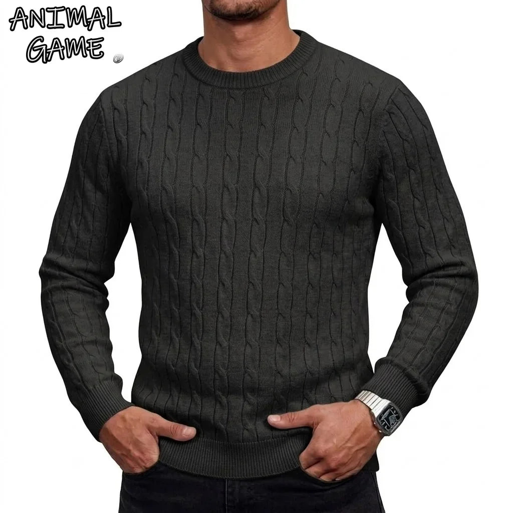 Herren Zopfmuster Pullover Rundhals Langarm Strickpullover Rippbündchen Slim Fit