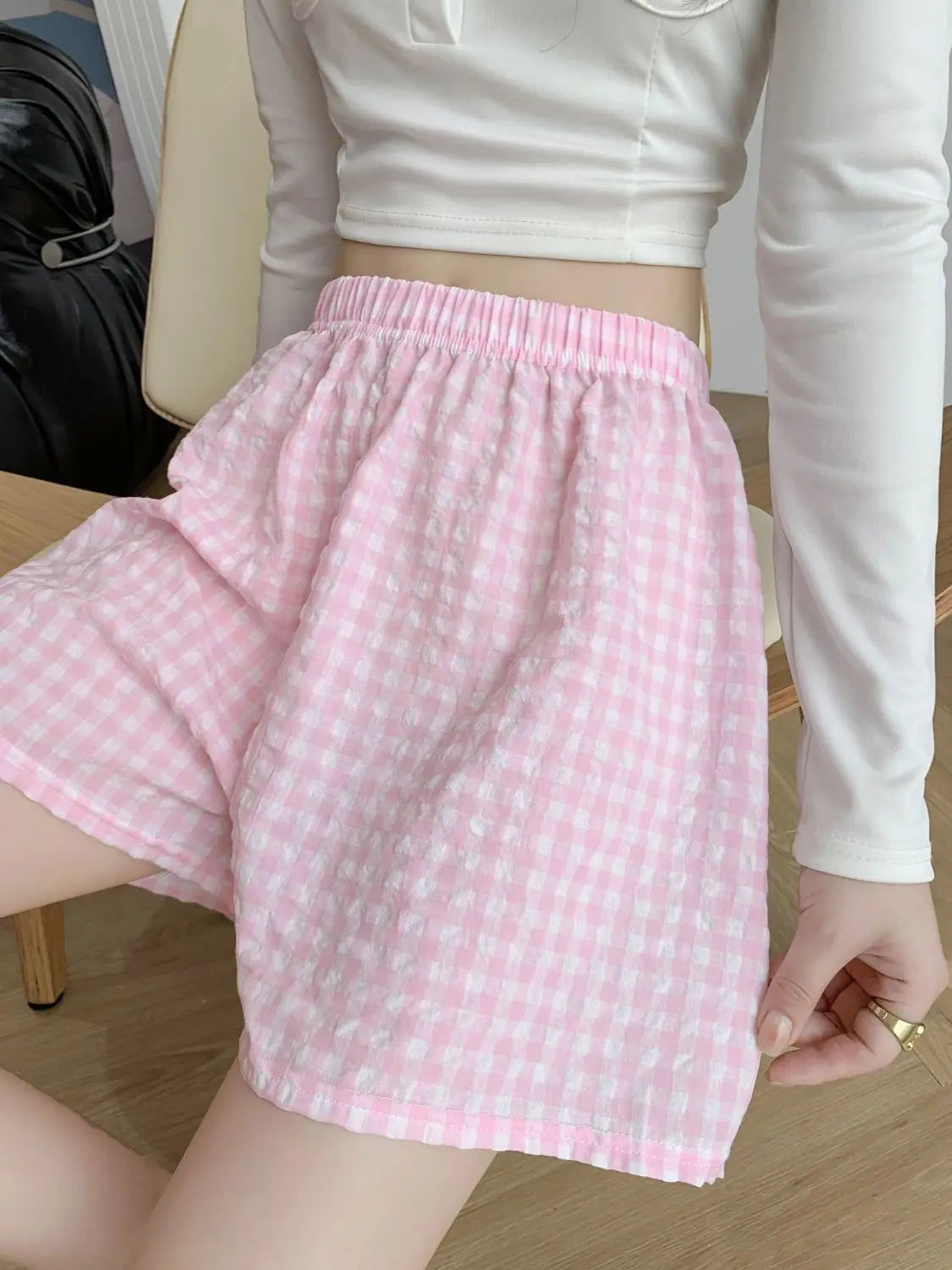 Damen Shorts Karo Muster Elastischer Bund Bequemer Schnitt