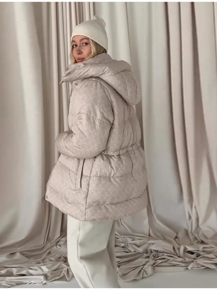 Damen Steppjacke mit Kapuze und Kordelzug, kurzer Puffermantel, gemustert