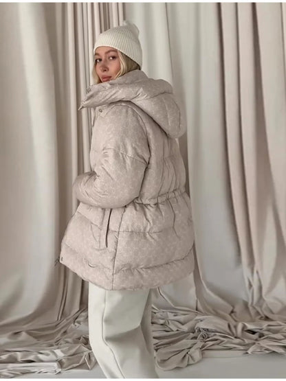 Damen Steppjacke mit Kapuze und Kordelzug, kurzer Puffermantel, gemustert