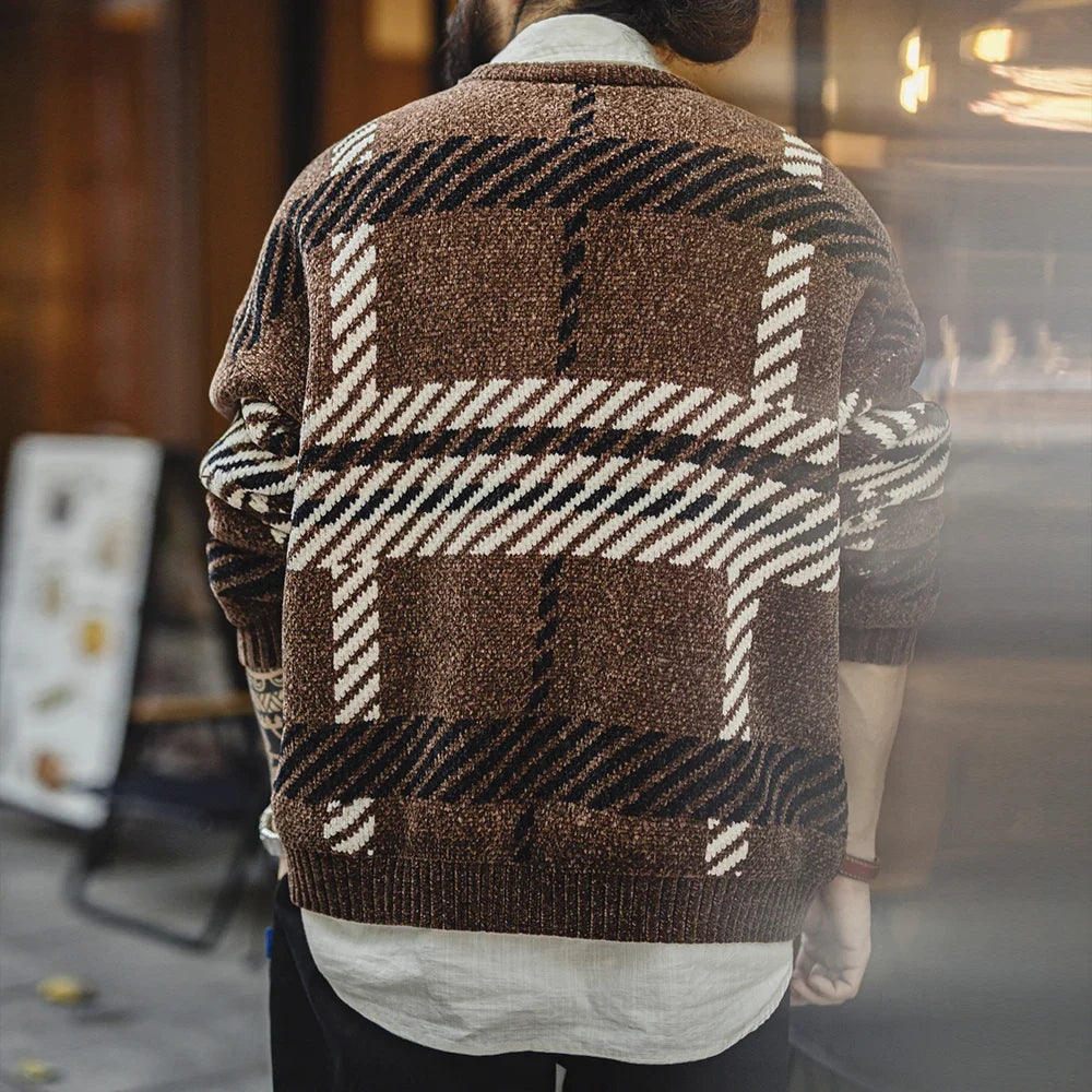 Herren Plaid Pullover Rundhals Braun Winter
