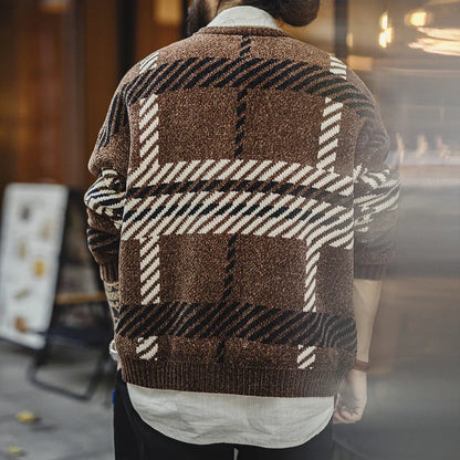 Herren Plaid Pullover Rundhals Braun Winter