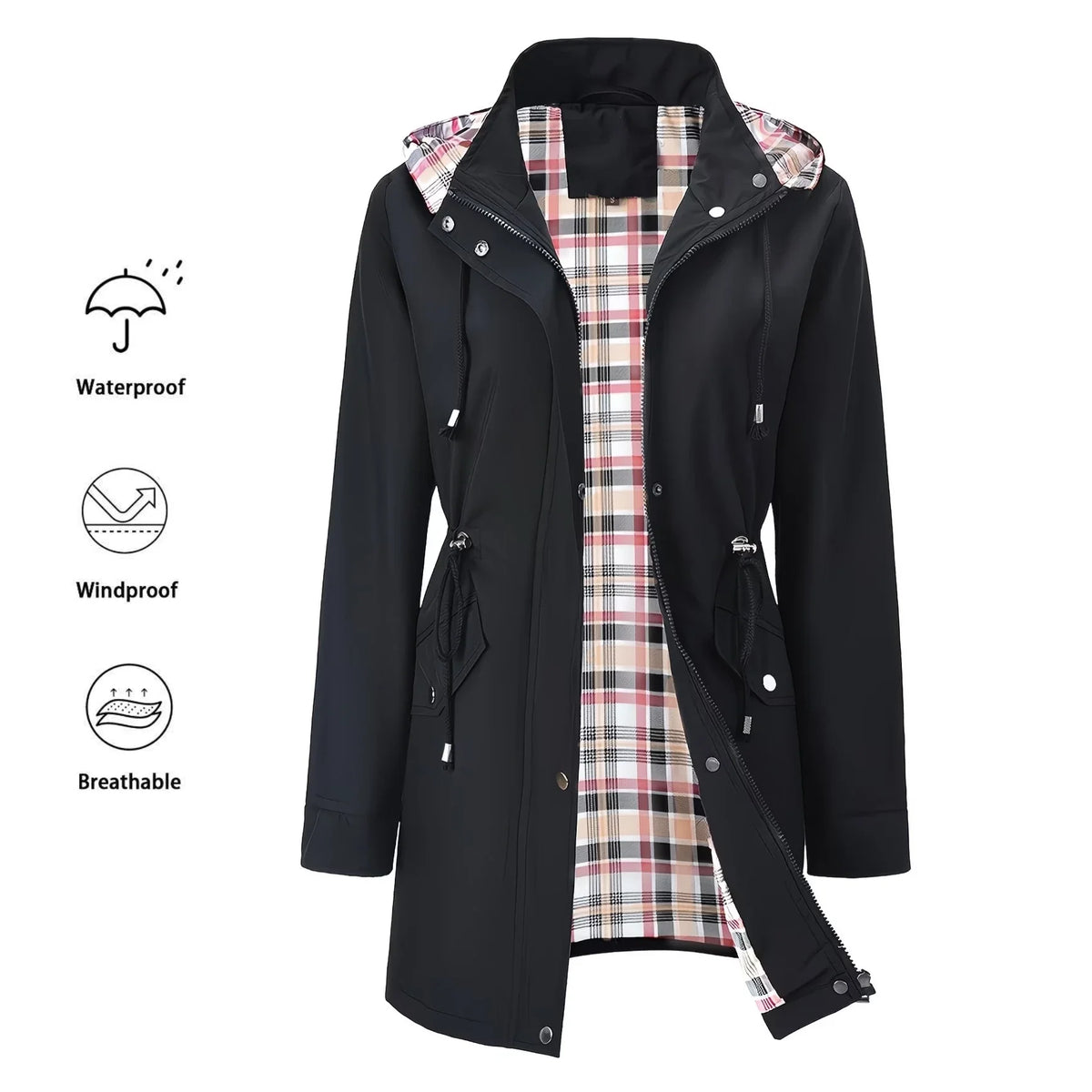 Schwarze Damen Regenjacke mit Kapuze und Karofutter