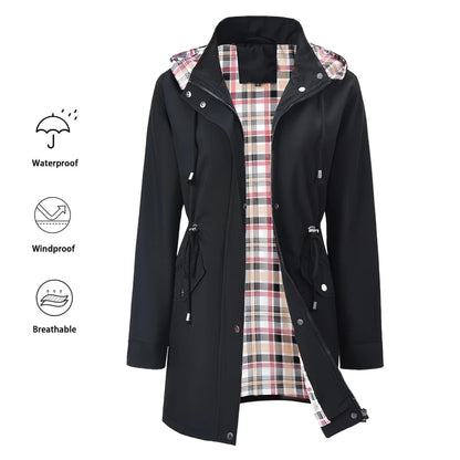 Schwarze Damen Regenjacke mit Kapuze und Karofutter