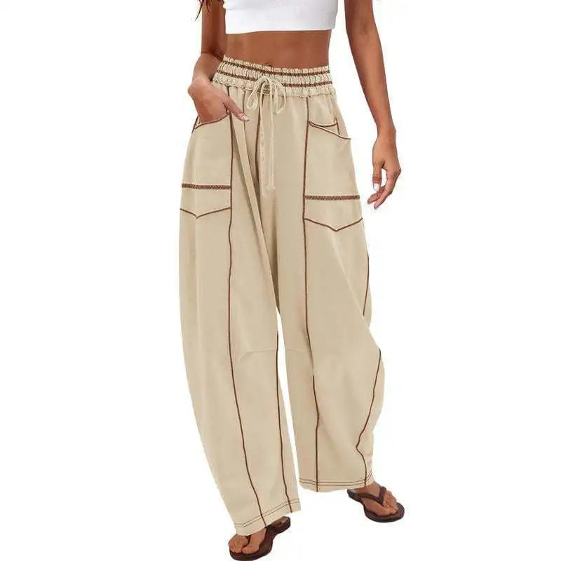 Damen Freizeithose Braun Weites Bein Elastischer Bund Kordelzug