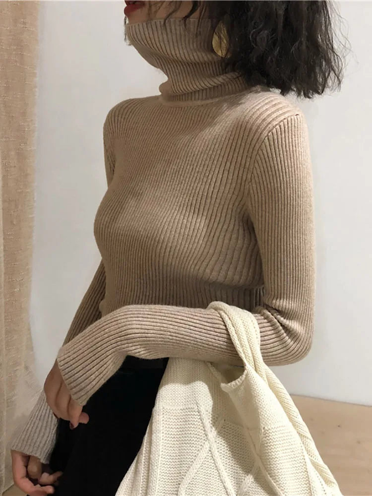 Damen Rollkragenpullover Gerippt Langarm Strickpullover