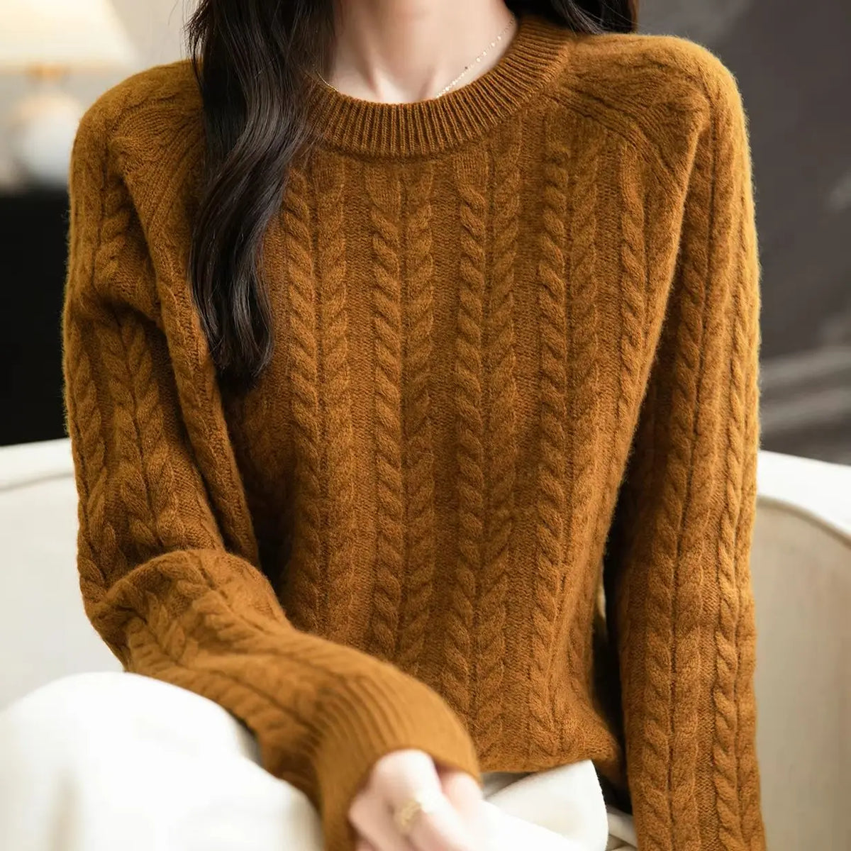 Damen Zopfstrick Pullover Rundhals Langarm Freizeit Strickpullover