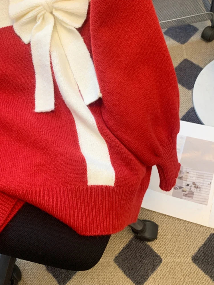 Roter Damen Pullover mit Schleifen-Applikation Rundhals