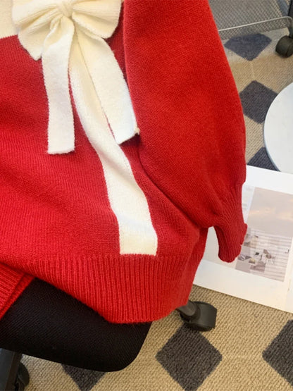 Roter Damen Pullover mit Schleifen-Applikation Rundhals