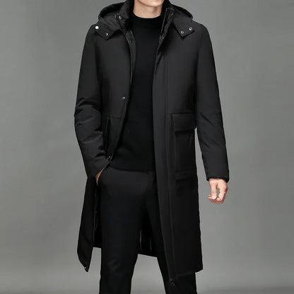 Herren Winter Steppmantel Lang mit Kapuze Schwarz