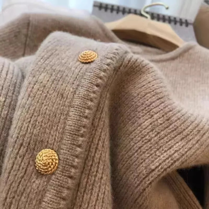 Damen Cardigan Rundhals Goldknöpfe Langarm Strickjacke