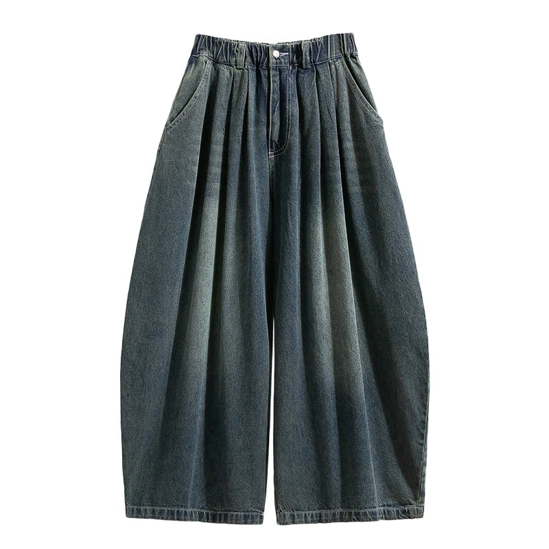 Loose Fit Jeans Damen Retro Wash Denim Hose mit weitem Bein und Gummibund