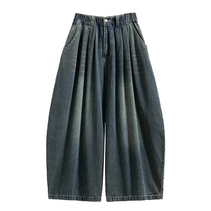 Loose Fit Jeans Damen Retro Wash Denim Hose mit weitem Bein und Gummibund