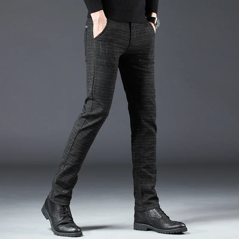 Herren Hose Grau Kariert Slim Fit Stoffhose