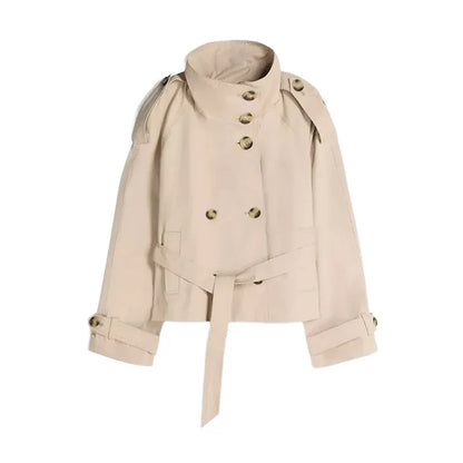Damen Kurzjacke Trench-Stil Doppelreiher mit Bindegürtel Stehkragen