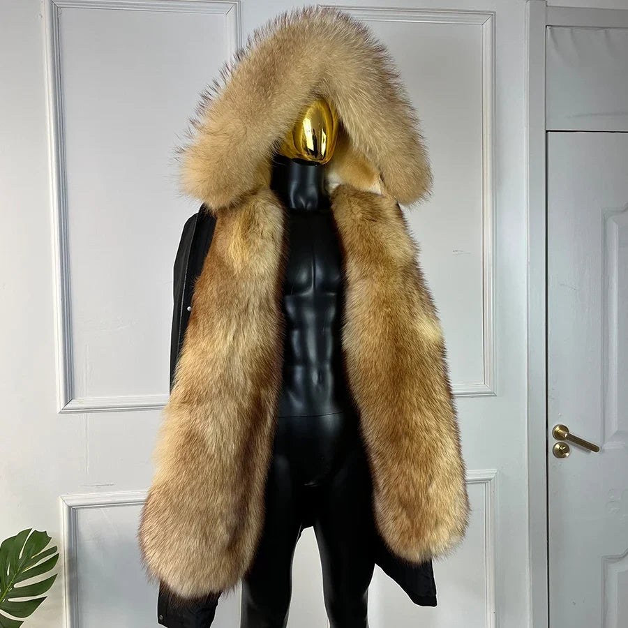 Winterparka Herren Schwarz mit Brauner Kunstfellkapuze und Futter