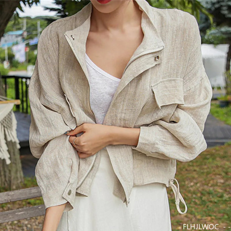 Damen Leichte Jacke Beige mit Stehkragen & aufgesetzten Taschen