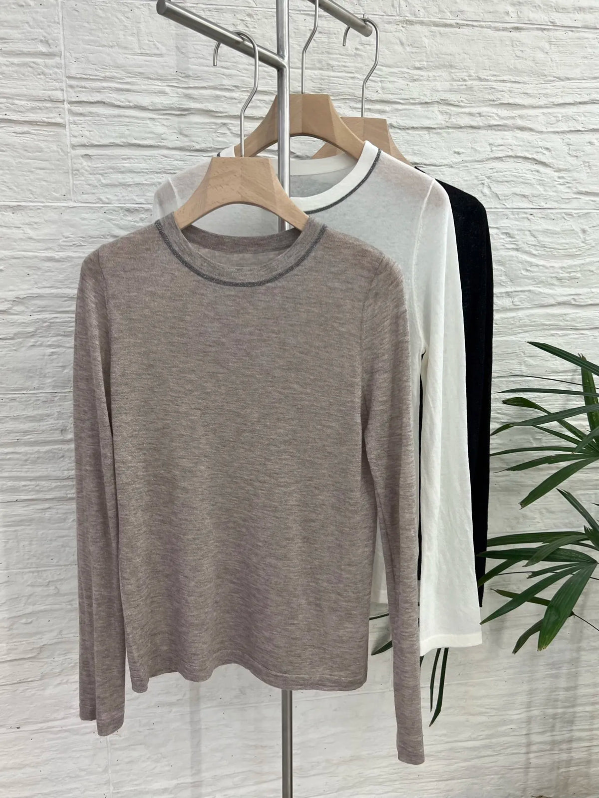 Langarmshirt Damen Rundhals Feinstrickshirt mit Kontrastdetails