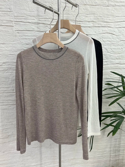 Langarmshirt Damen Rundhals Feinstrickshirt mit Kontrastdetails
