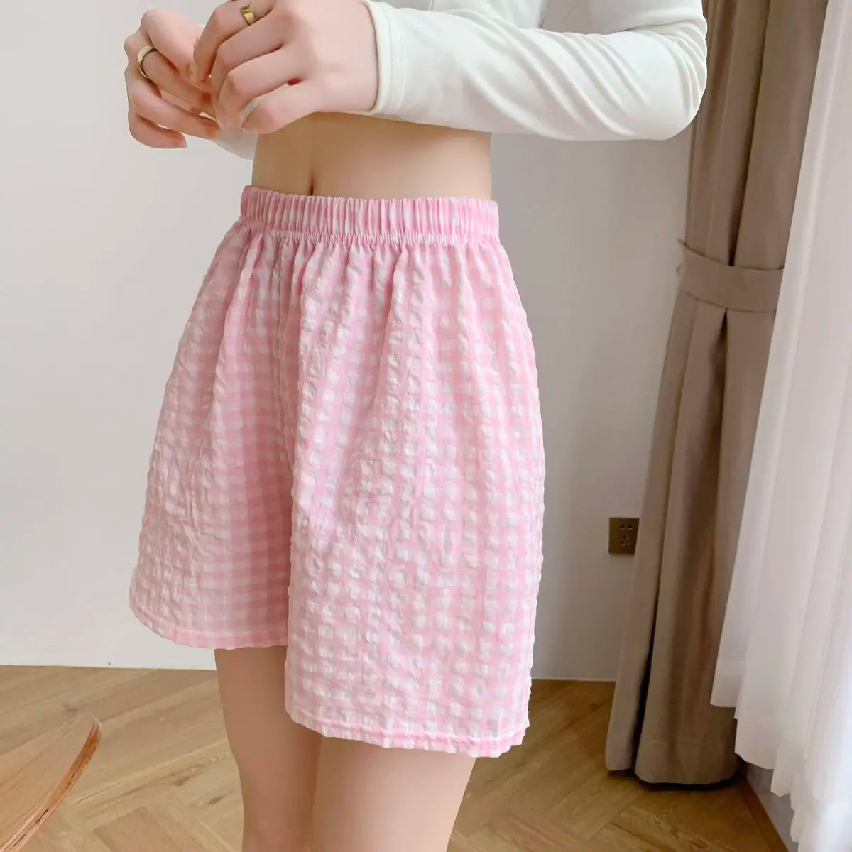 Damen Shorts Karo Muster Elastischer Bund Bequemer Schnitt