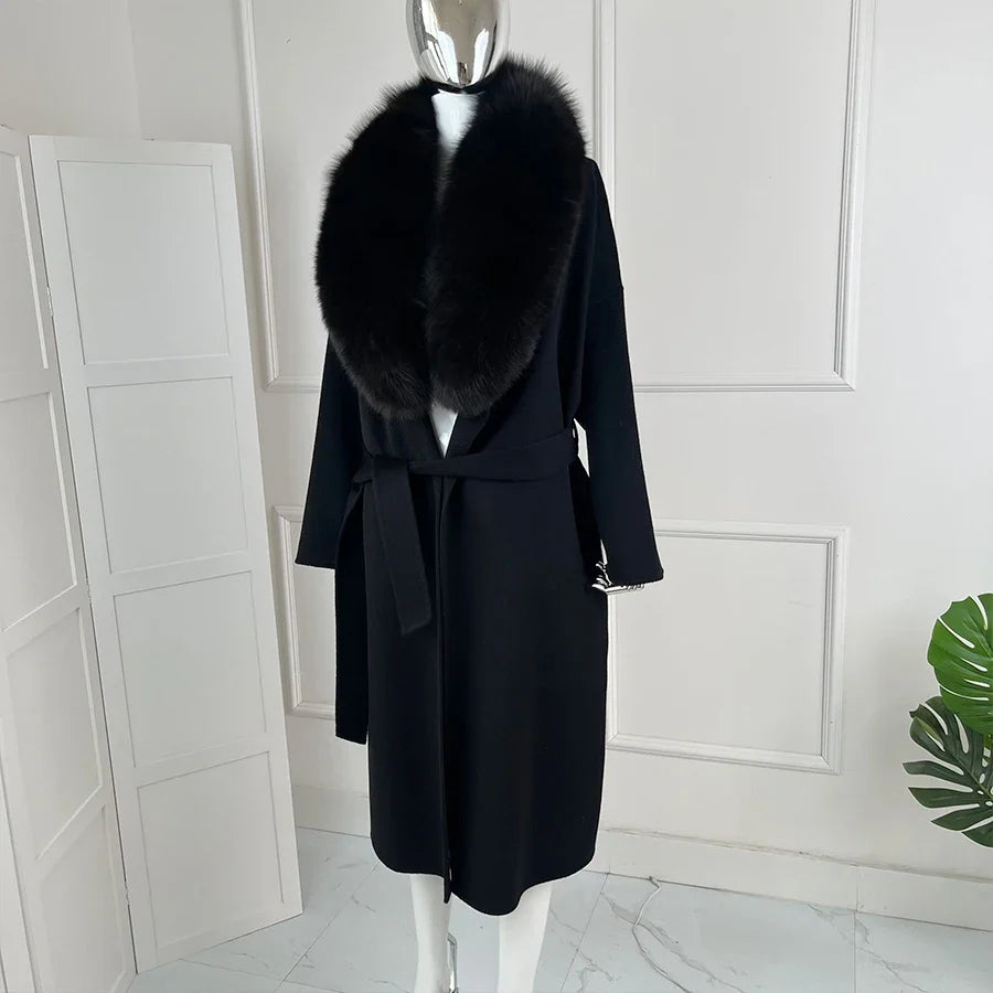 Damen Mantel Schwarz mit Großem Kunstpelz Kragen Bindegürtel Midi-Länge