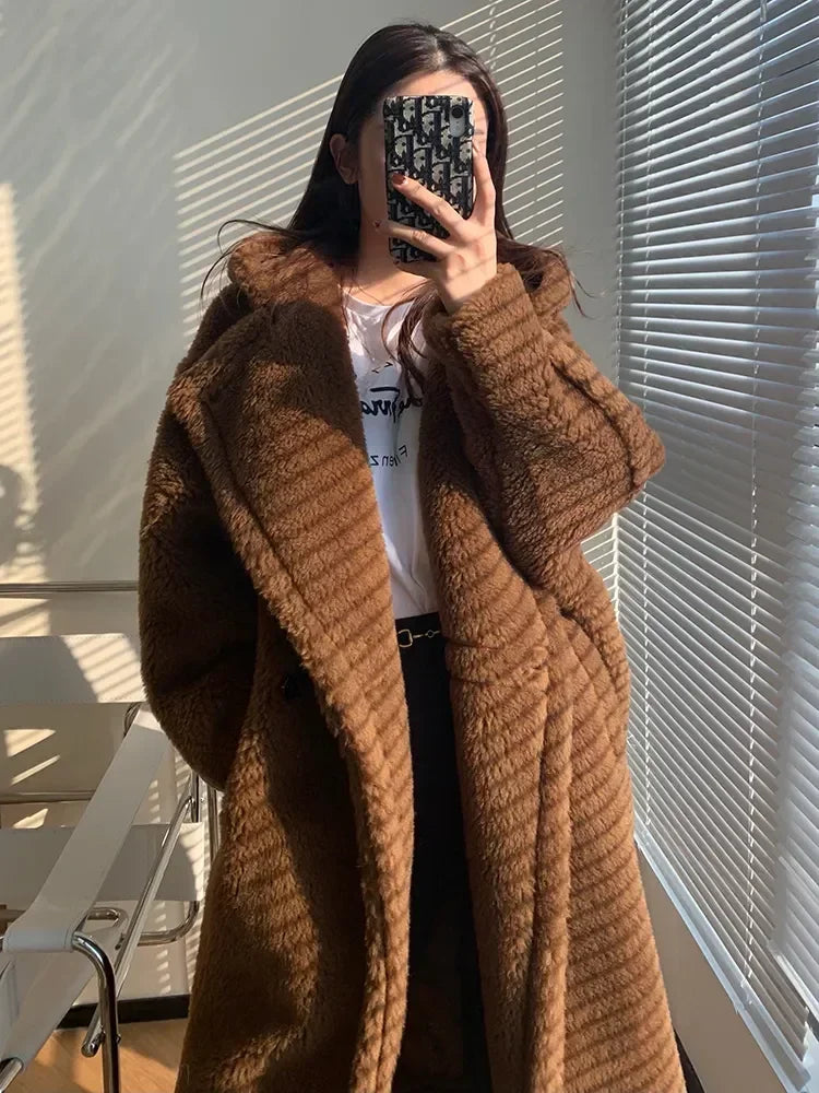 Damen Teddy-Fleece Mantel mit Kapuze, lang, braun, kuschelig