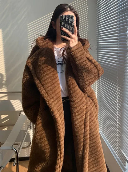 Damen Teddy-Fleece Mantel mit Kapuze, lang, braun, kuschelig