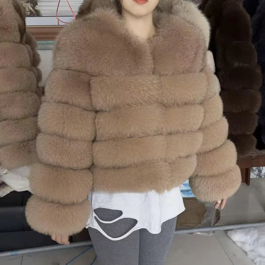 Damen Kurzjacke aus Kunstpelz, Winter Warmes Plüschjacke, Langarm Felljacke