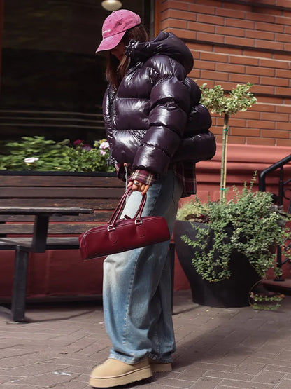 Kurze Pufferjacke Glänzend mit Kapuze Damen Winterjacke