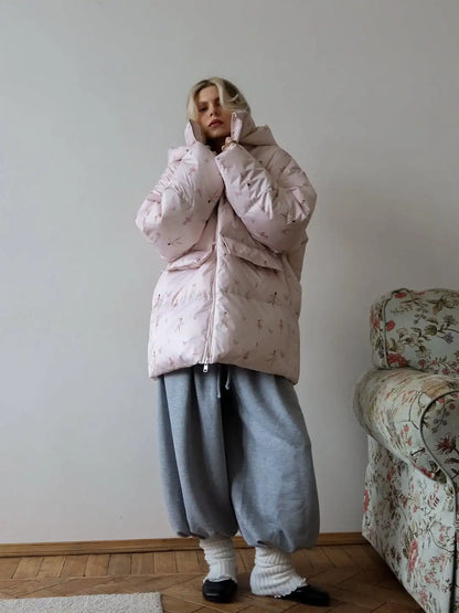 Damen Oversize Steppjacke Winterjacke mit Kapuze
