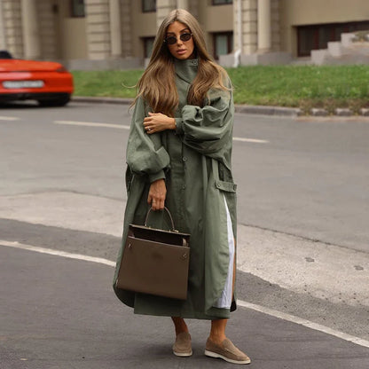 Damen Trenchcoat Lang Locker Weite Ärmel Stehkragen - Khaki