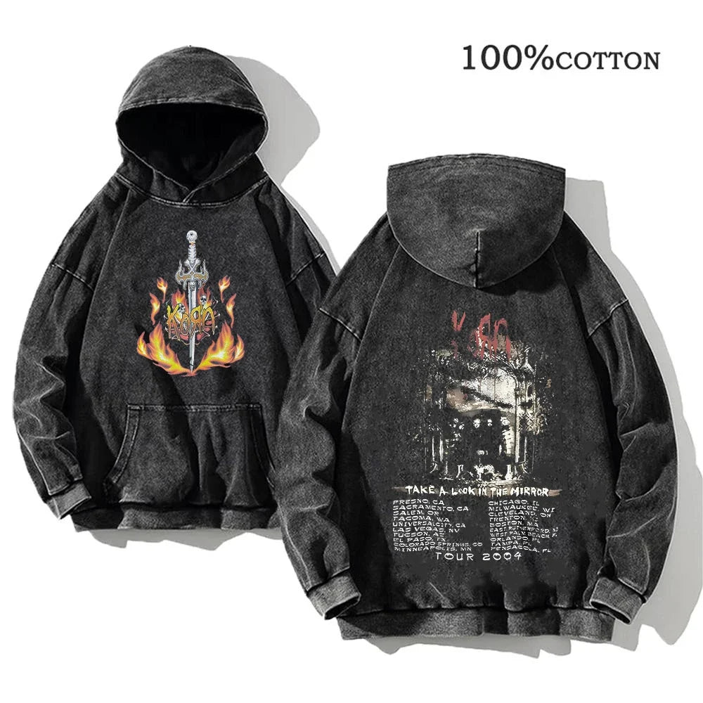 Unisex Kapuzenpullover Grau verwaschen mit Band-Print Vorn & Hinten