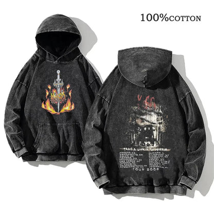 Unisex Kapuzenpullover Grau verwaschen mit Band-Print Vorn & Hinten