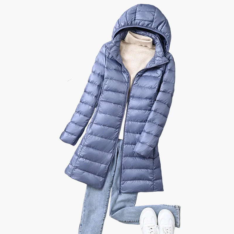 Damen Winter Steppmantel mit Kapuze – Leichter, langer Daunenmantel für Alltag & Outdoor