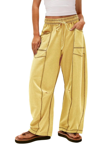 Damen Freizeithose Braun Weites Bein Elastischer Bund Kordelzug