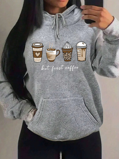Damen Hoodie "But First Coffee" mit Kaffeetassen-Print Kapuzenpullover