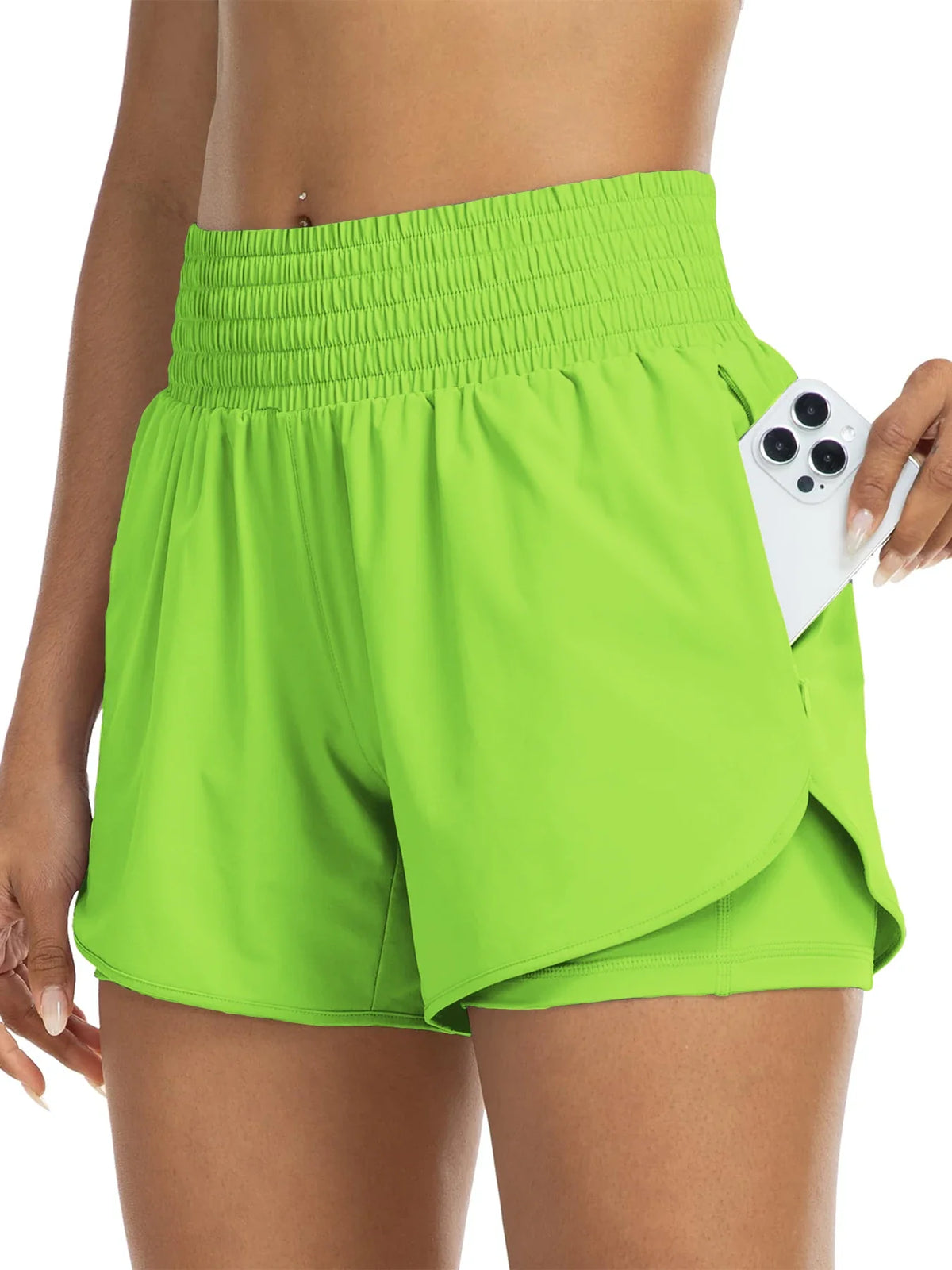 Damen Sportshorts mit hohem Bund und Tasche, 2-in-1-Design