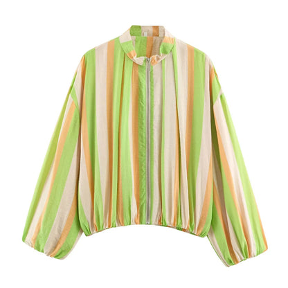 Damen Leichte Jacke mit Reißverschluss und Stehkragen, Puffärmeln
