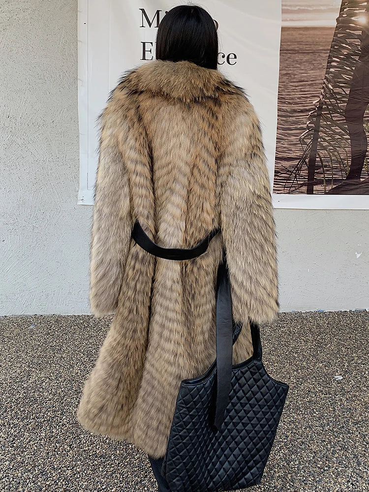 Damen Langer Mantel aus Kunstfell mit Chevron-Muster und Kragen