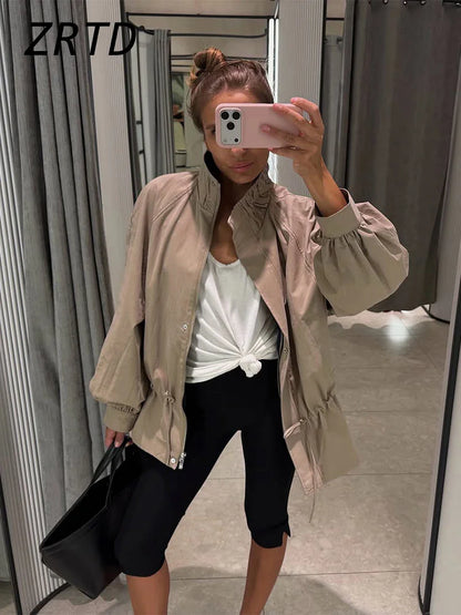 Damen Jacke mit Ballonärmeln, Tunnelzug und Stehkragen, Beige