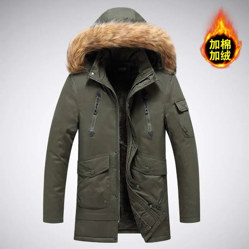 Herren Winterparka mit Kapuze und Pelzbesatz, warm gefütterte Jacke mit Reißverschluss- und Pattentaschen