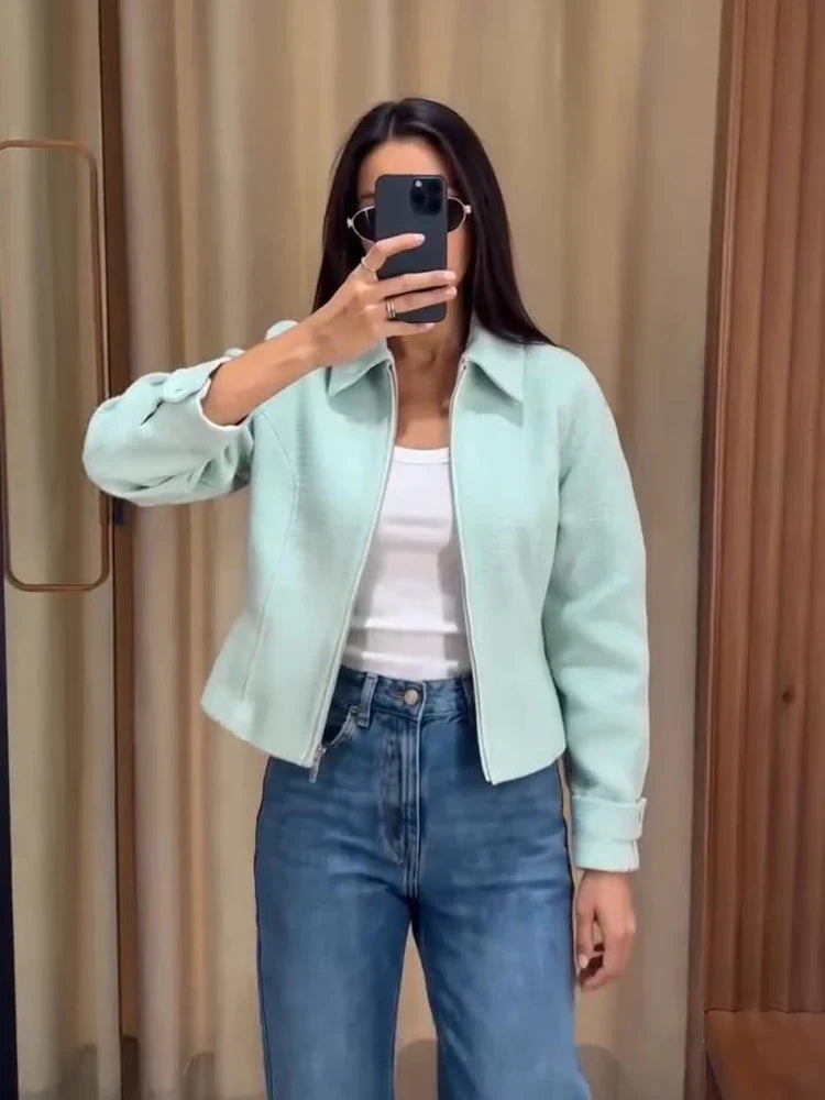 Damen Kurzjacke mintgrün mit Reißverschluss Kragen Tweed-Optik