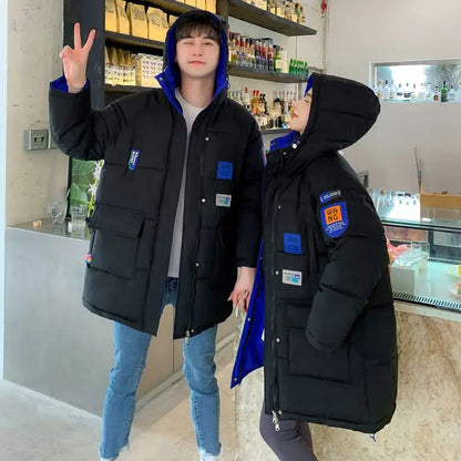 Unisex Winter Steppjacke mit Kapuze, lange Winterjacke Schwarz Blau Weiß