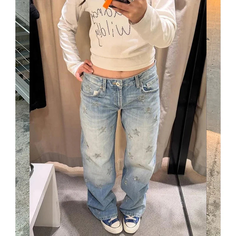 Damen Baggy Jeans mit weitem Bein, hellblau mit Sternenmuster