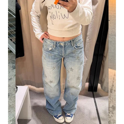 Damen Baggy Jeans mit weitem Bein, hellblau mit Sternenmuster