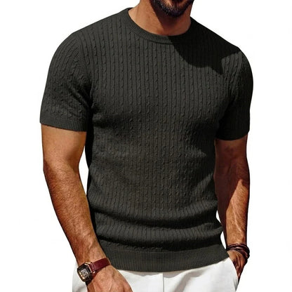 Herren Kurzarm Pullover Rundhals Strick mit Zopfmuster Marineblau