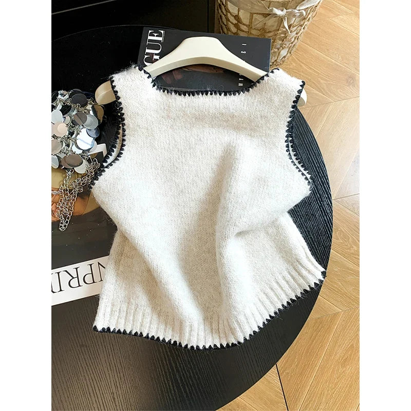 Gestricktes Crop Top Damen Ärmellos mit Schleife und Wellenkante