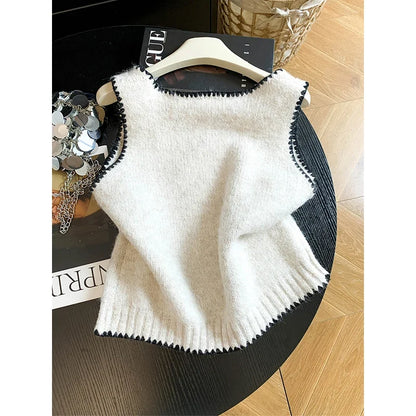 Gestricktes Crop Top Damen Ärmellos mit Schleife und Wellenkante
